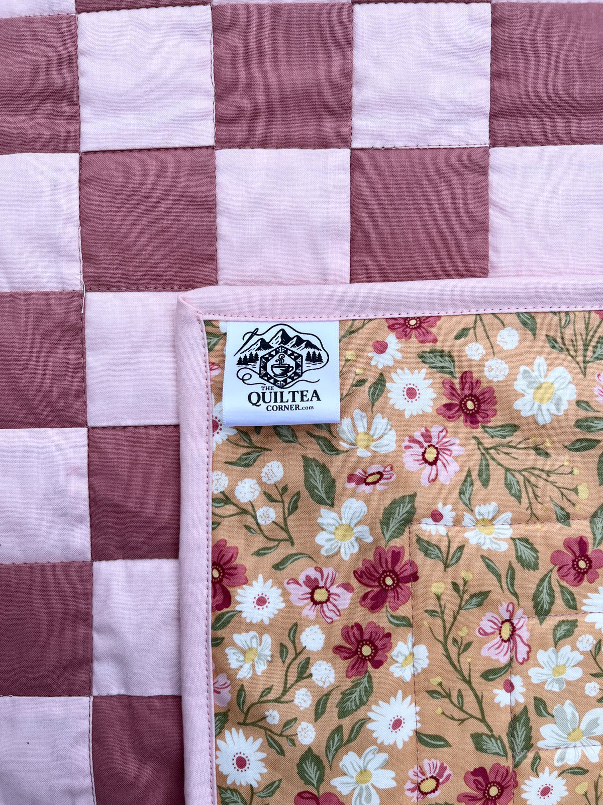 Rose and Pink Floral Checkered Baby Quilt