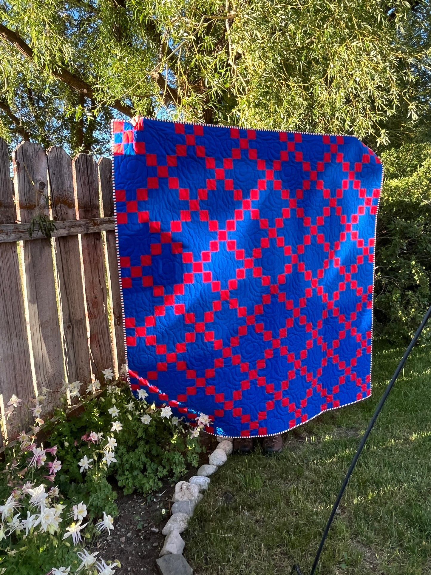 Irish Chain Quilt – Red and Blue Americana Throw Quilt – Handmade Patriotic Quilt – Farmhouse Patchwork Quilt