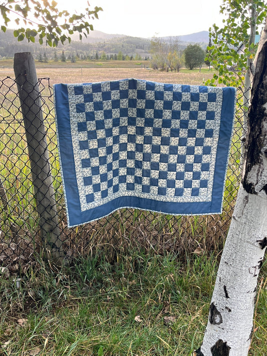 Blue Floral Checkered Baby Quilt - The QuilTea Corner