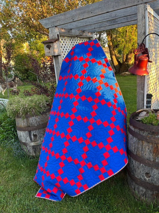 Irish Chain Quilt – Red and Blue Americana Throw Quilt – Handmade Patriotic Quilt – Farmhouse Patchwork Quilt - The QuilTea Corner