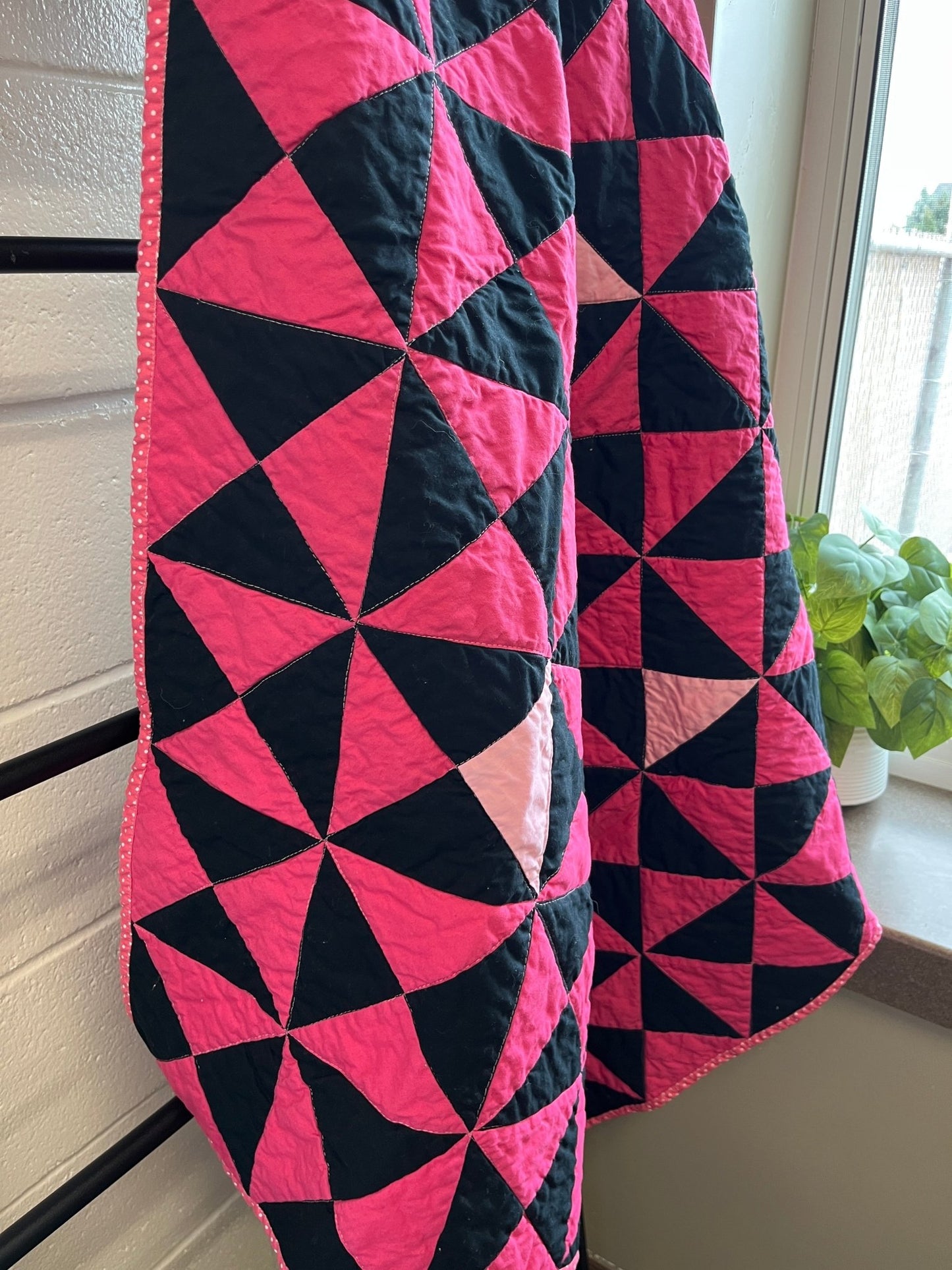 Pink and Black Time Flies Baby Quilt – Modern Triangle Patchwork - The QuilTea Corner