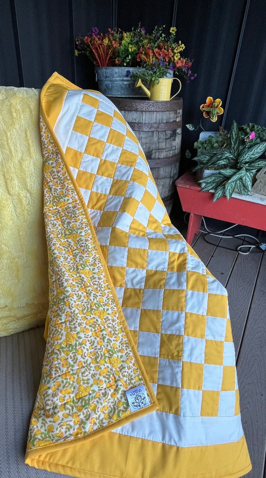 Yellow Checkered Baby Quilt – Handmade Checkerboard Crib Blanket – Heather Ross Apples Fabric - The QuilTea Corner