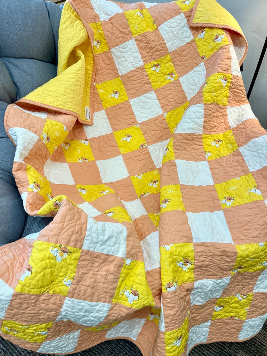 Yellow Orange Gingham Elephant Parade Patchwork Quilted Throw Blanket Girls Modern Decor - The QuilTea Corner