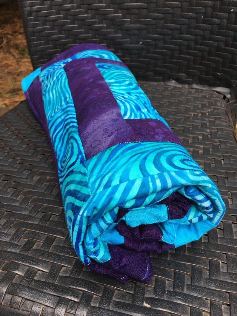 Geometric Squares Purple Turquoise Batik Baby Quilt Blanket Crib Bedding Nursery Blue Swirls Toddler Bed Handmade Pieced - The QuilTea Corner