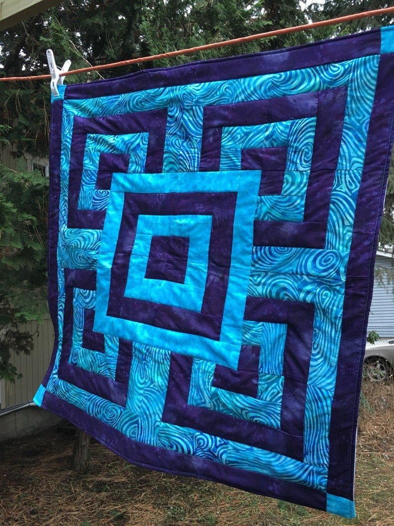 Geometric Squares Purple Turquoise Batik Baby Quilt Blanket Crib Bedding Nursery Blue Swirls Toddler Bed Handmade Pieced - The QuilTea Corner