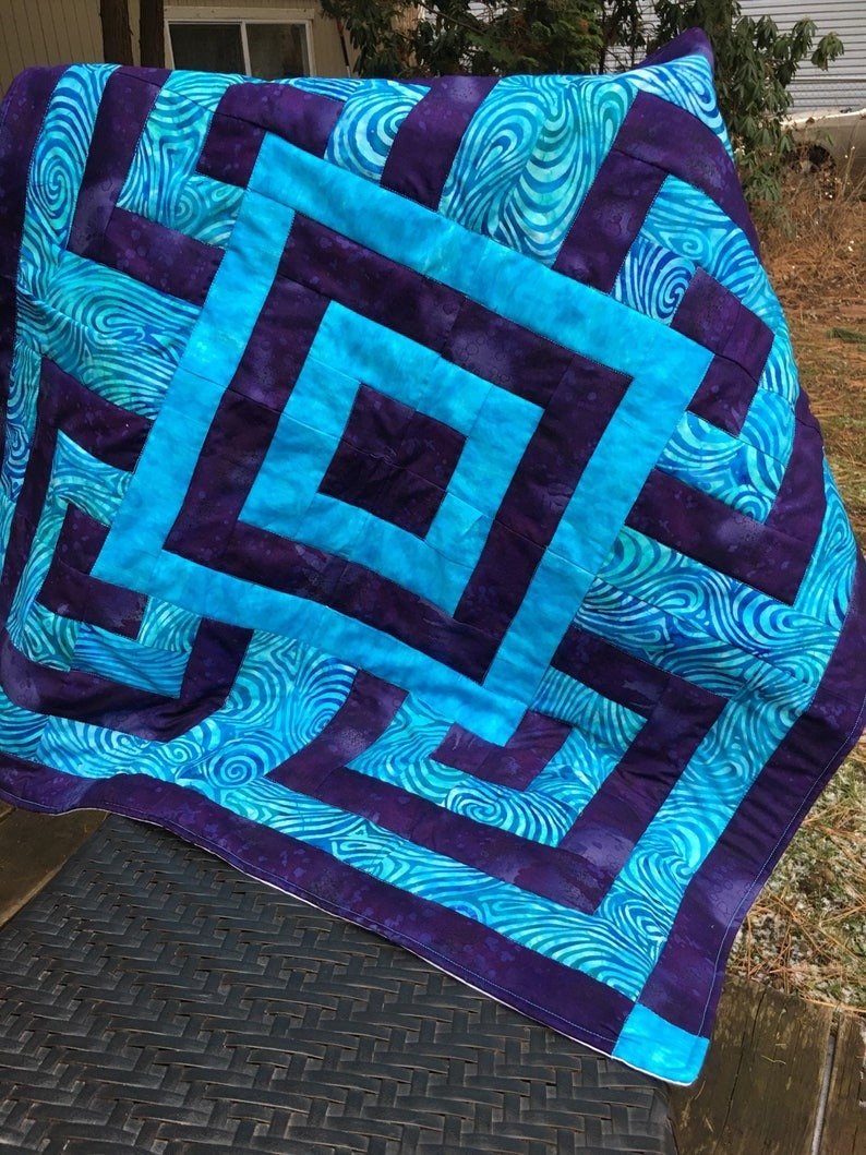 Geometric Squares Purple Turquoise Batik Baby Quilt Blanket Crib Bedding Nursery Blue Swirls Toddler Bed Handmade Pieced - The QuilTea Corner