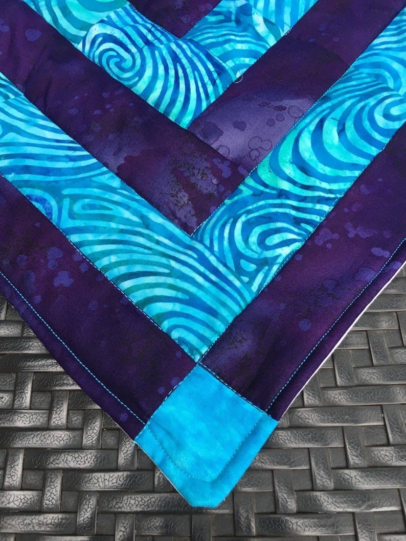 Geometric Squares Purple Turquoise Batik Baby Quilt Blanket Crib Bedding Nursery Blue Swirls Toddler Bed Handmade Pieced - The QuilTea Corner