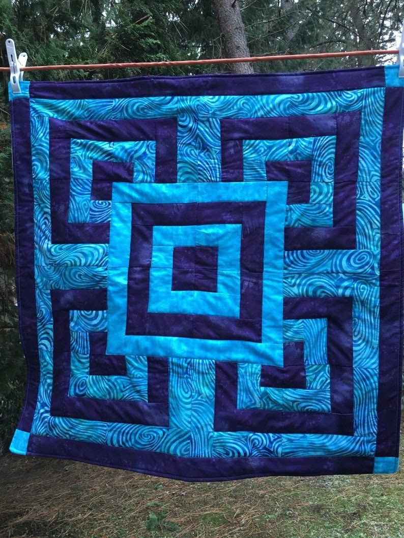 Geometric Squares Purple Turquoise Batik Baby Quilt Blanket Crib Bedding Nursery Blue Swirls Toddler Bed Handmade Pieced - The QuilTea Corner