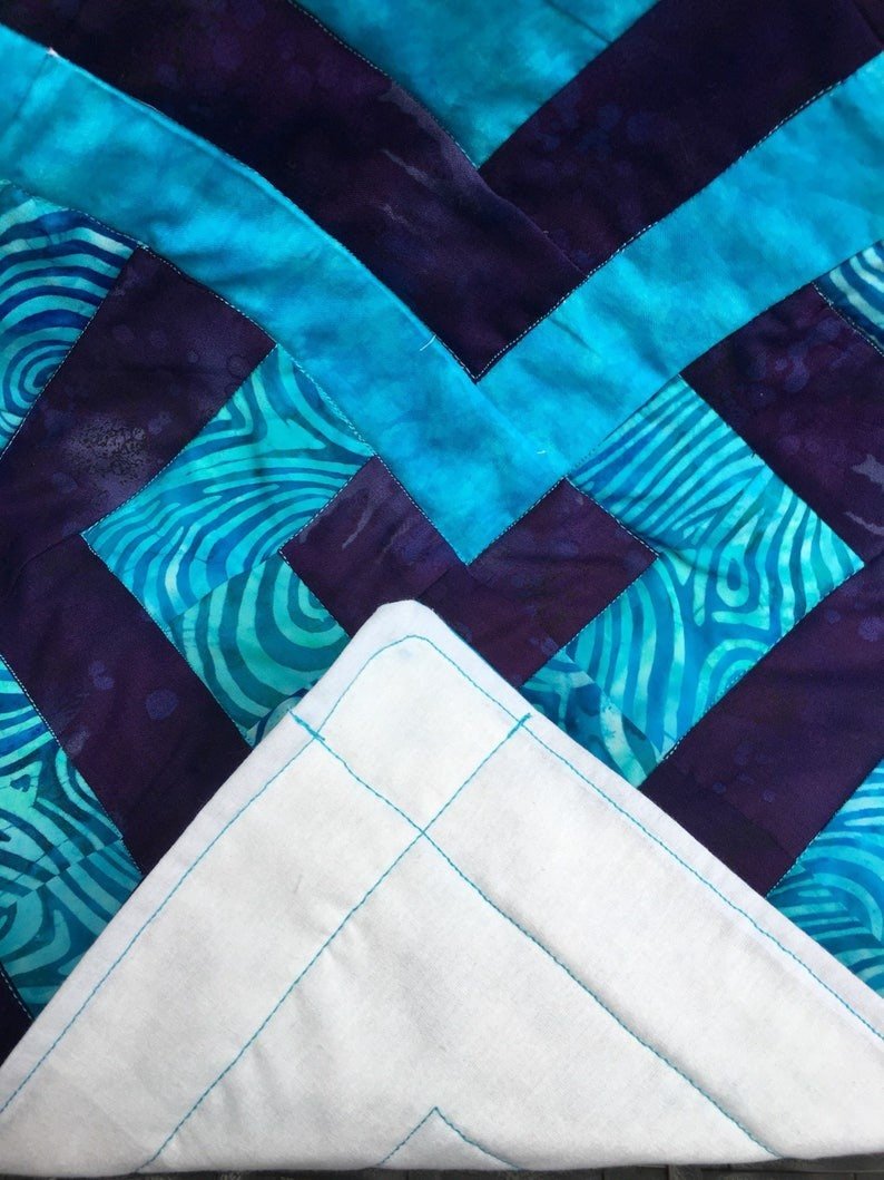 Geometric Squares Purple Turquoise Batik Baby Quilt Blanket Crib Bedding Nursery Blue Swirls Toddler Bed Handmade Pieced - The QuilTea Corner