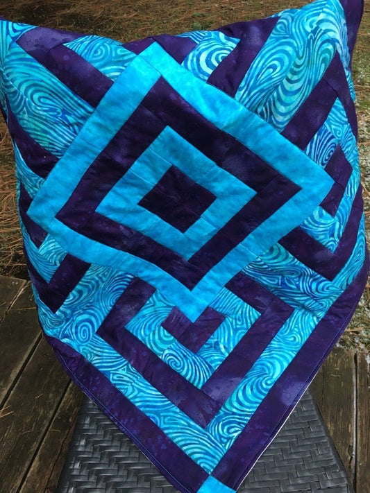 Geometric Squares Purple Turquoise Batik Baby Quilt Blanket Crib Bedding Nursery Blue Swirls Toddler Bed Handmade Pieced - The QuilTea Corner