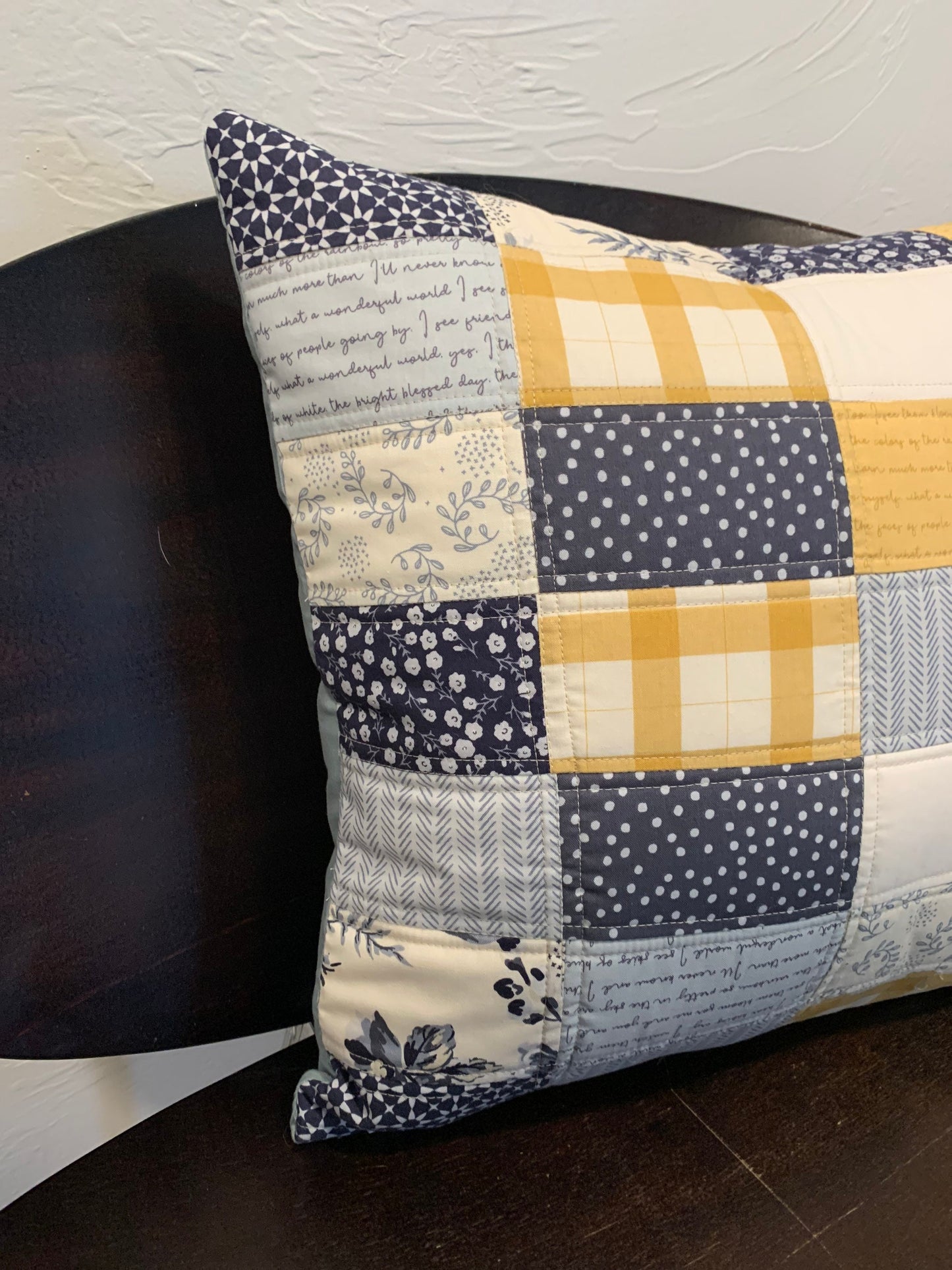 Bluebell Scrappy Patchwork 18” Quilted Zippered Pillow Cover Blue Yelllow