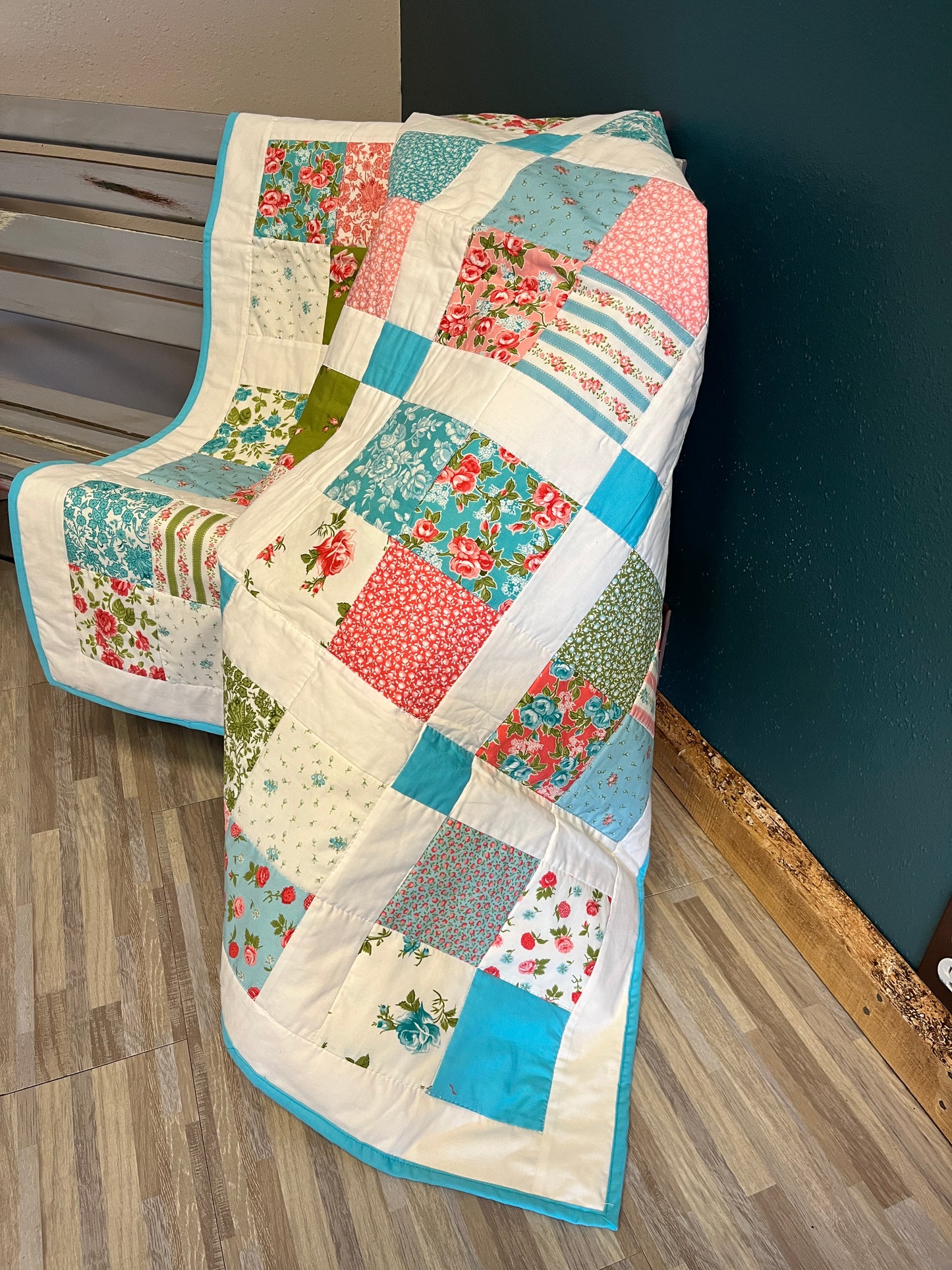 Turquoise Patchwork Square Baby Quilt - The QuilTea Corner