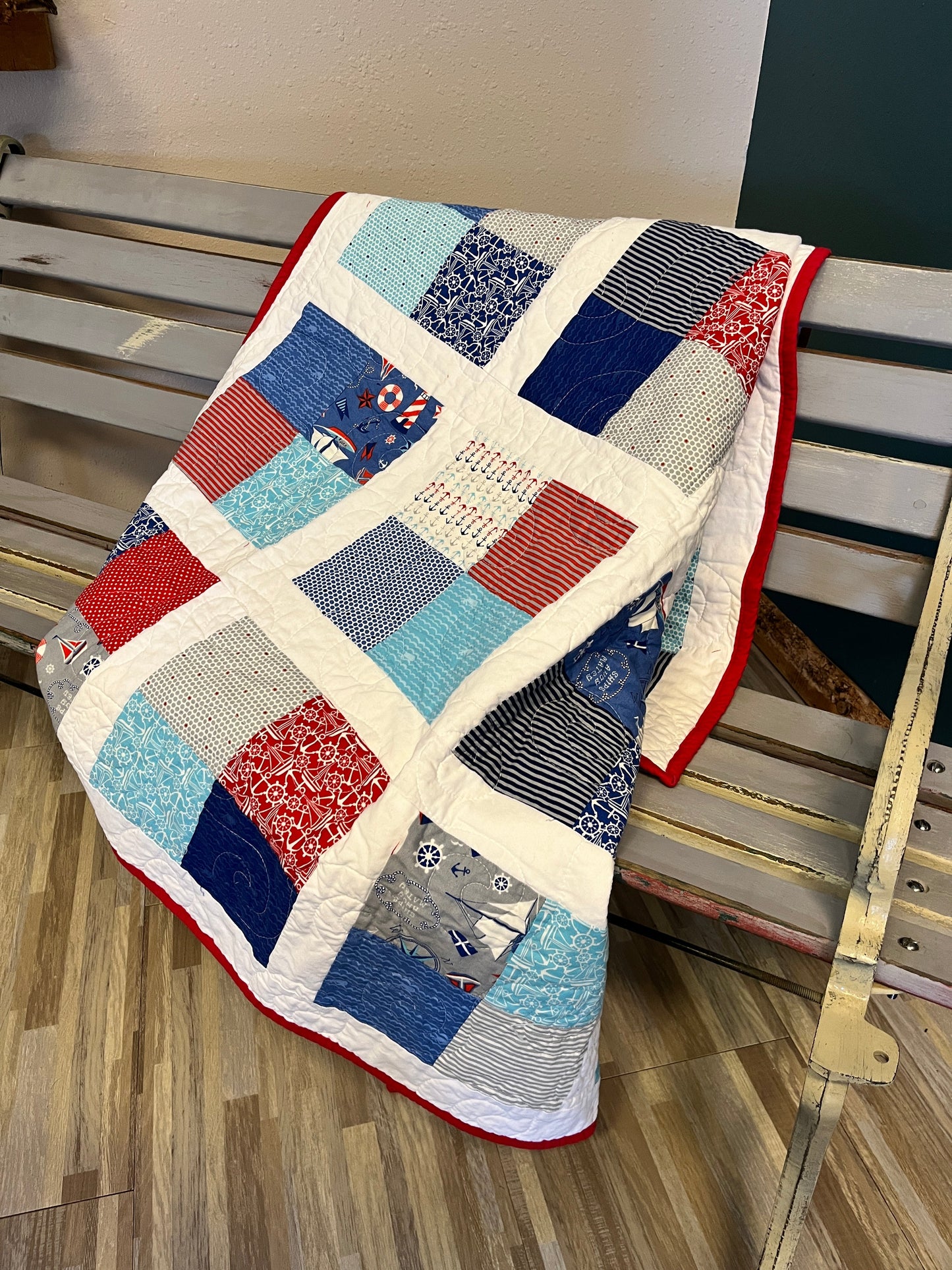 Nautical Boy's Square Patchwork Handmade Baby Quilt - The QuilTea Corner
