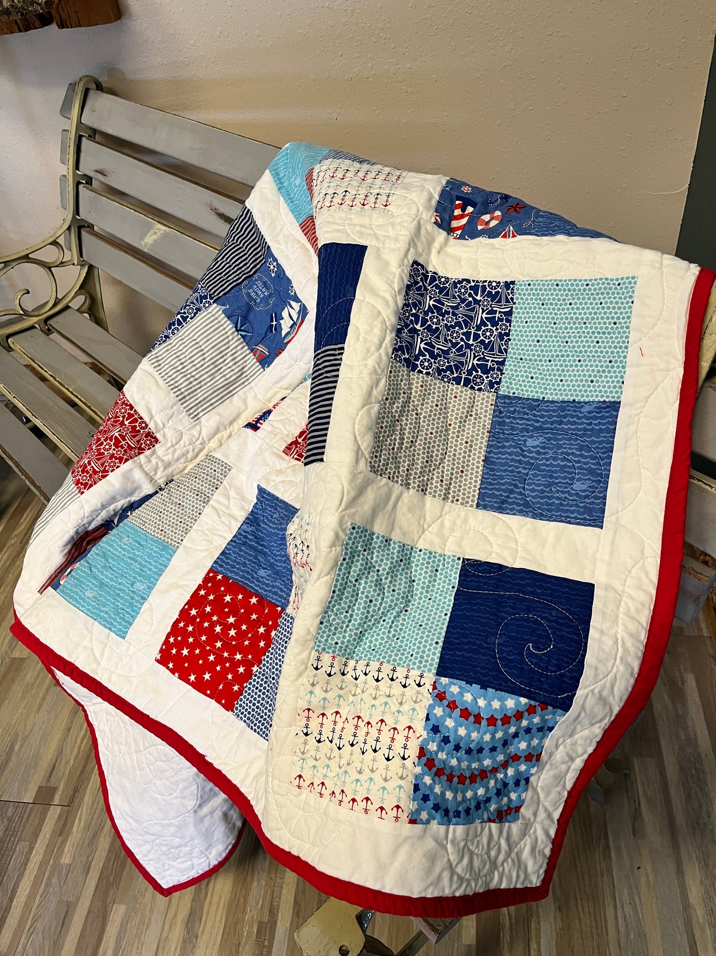 Nautical Boy's Square Patchwork Handmade Baby Quilt - The QuilTea Corner