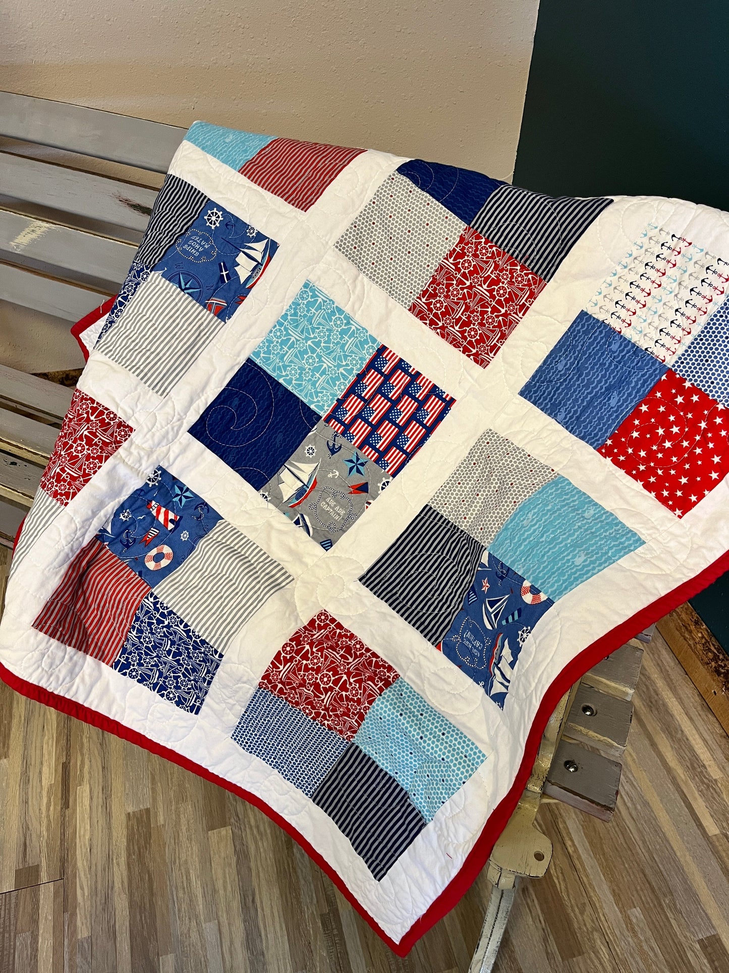 Nautical Boy's Square Patchwork Handmade Baby Quilt - The QuilTea Corner