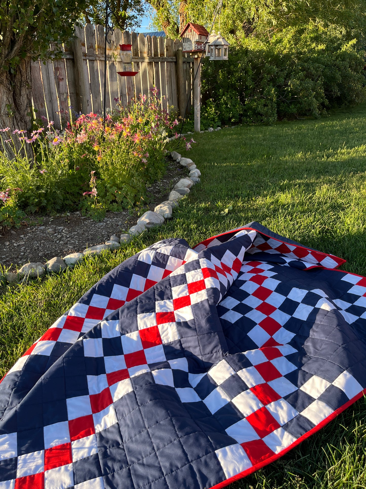 Double Irish Chain Quilt – Patriotic Throw Quilt – Navy Red White Quilt – Veteran Lap Quilt – Handmade Americana Quilt