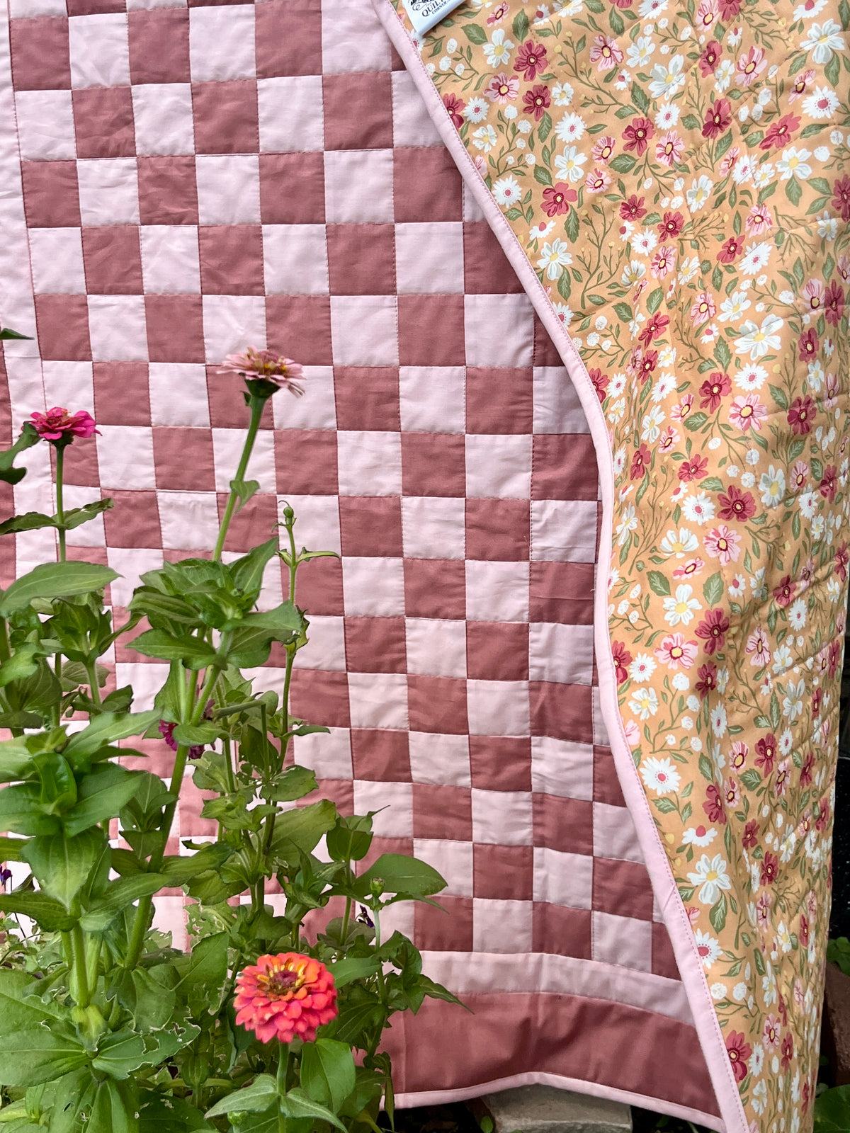Rose and Pink Floral Checkered Baby Quilt
