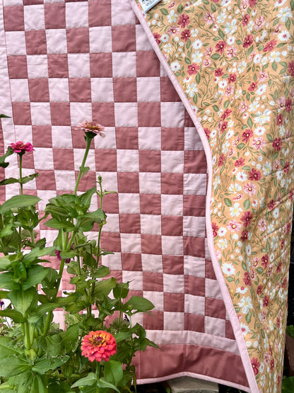 Rose and Pink Floral Checkered Baby Quilt