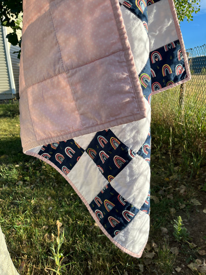 Rainbow Navy and White Checkered Baby Quilt