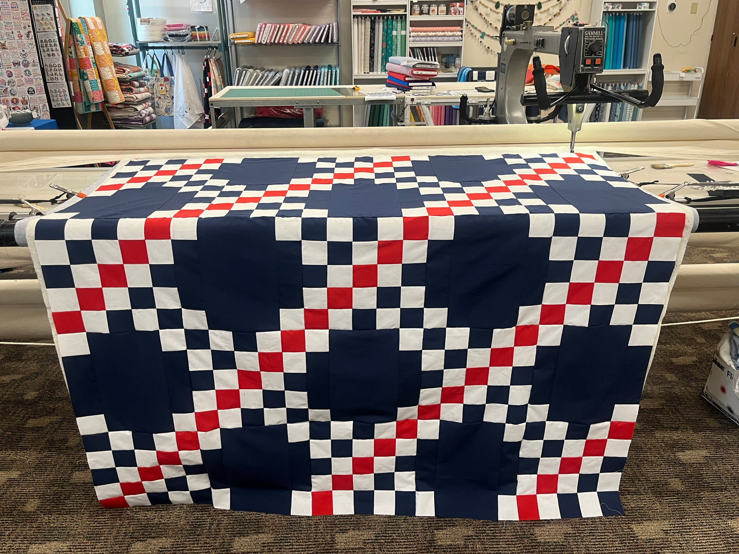 Double Irish Chain Quilt – Patriotic Throw Quilt – Navy Red White Quilt – Veteran Lap Quilt – Handmade Americana Quilt