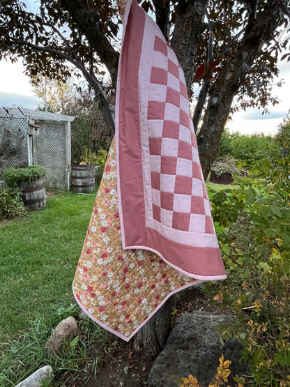 Rose and Pink Floral Checkered Baby Quilt