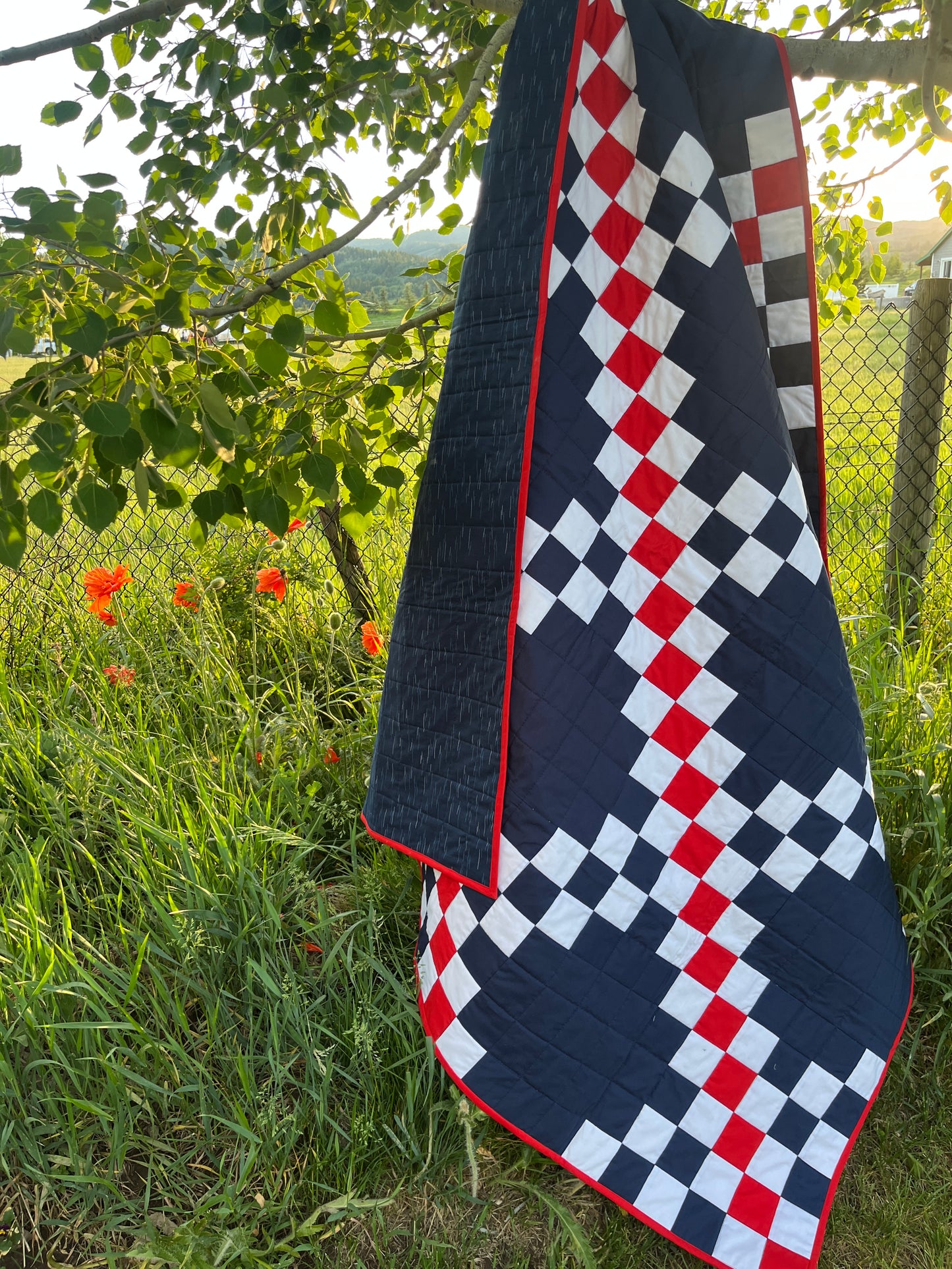Double Irish Chain Quilt – Patriotic Throw Quilt – Navy Red White Quilt – Veteran Lap Quilt – Handmade Americana Quilt
