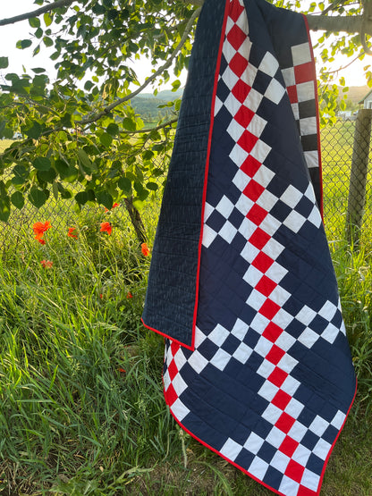Double Irish Chain Quilt – Patriotic Throw Quilt – Navy Red White Quilt – Veteran Lap Quilt – Handmade Americana Quilt