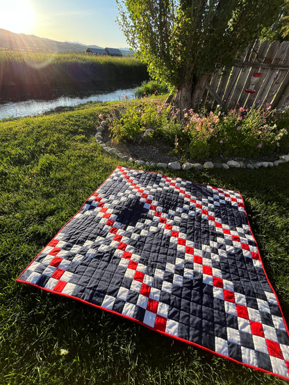 Double Irish Chain Quilt – Patriotic Throw Quilt – Navy Red White Quilt – Veteran Lap Quilt – Handmade Americana Quilt