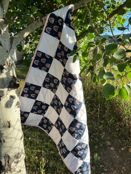 Rainbow Navy and White Checkered Baby Quilt