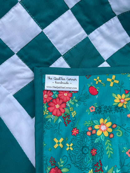 Green Teal Checkered Baby Quilt – Handmade Checkerboard Crib Blanket