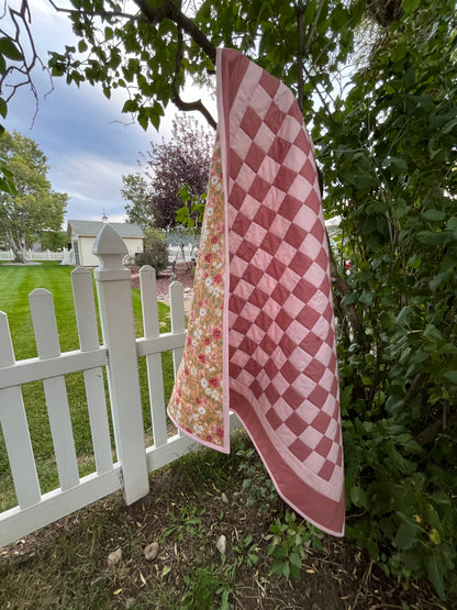 Rose and Pink Floral Checkered Baby Quilt