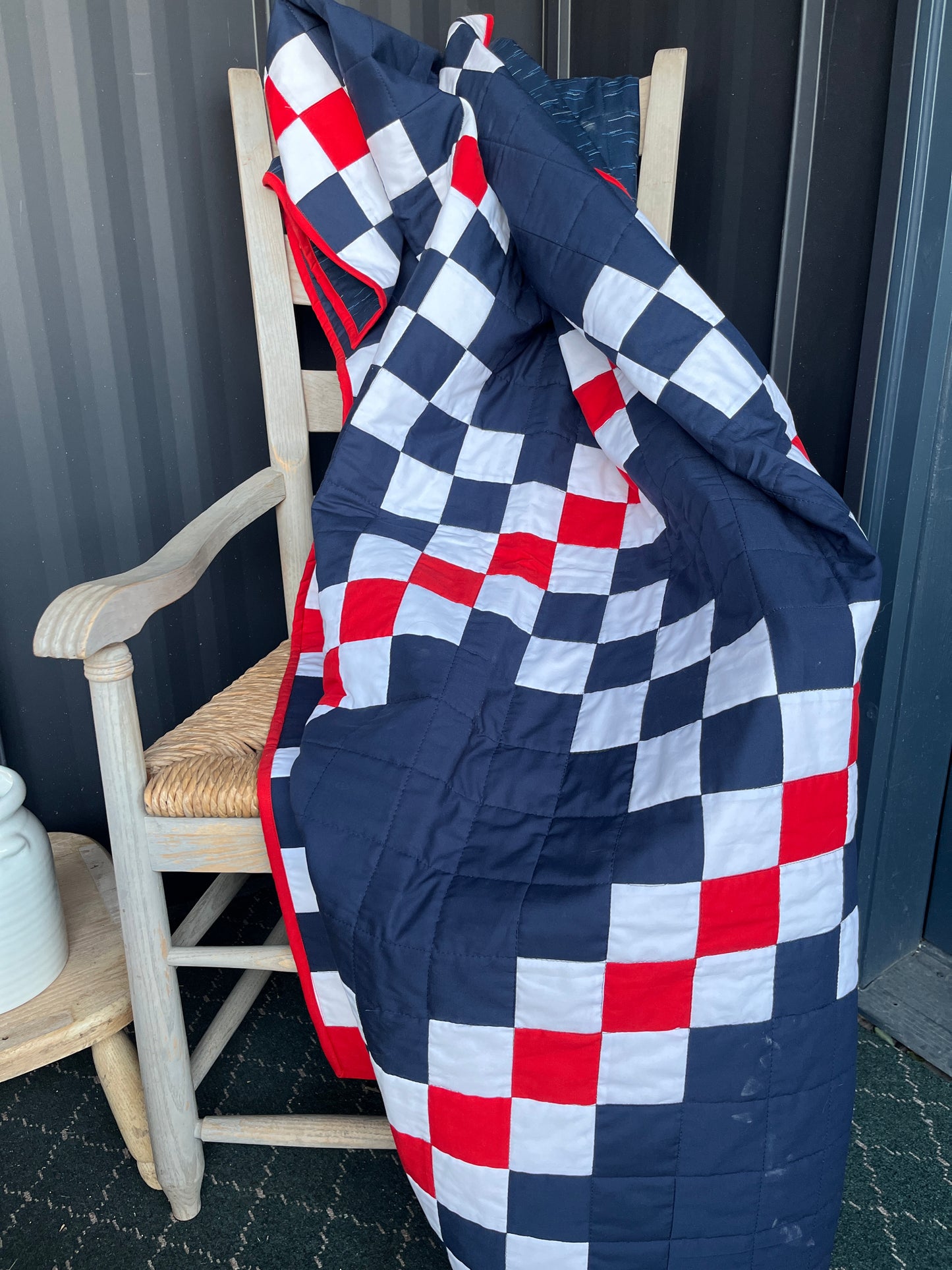 Double Irish Chain Quilt – Patriotic Throw Quilt – Navy Red White Quilt – Veteran Lap Quilt – Handmade Americana Quilt