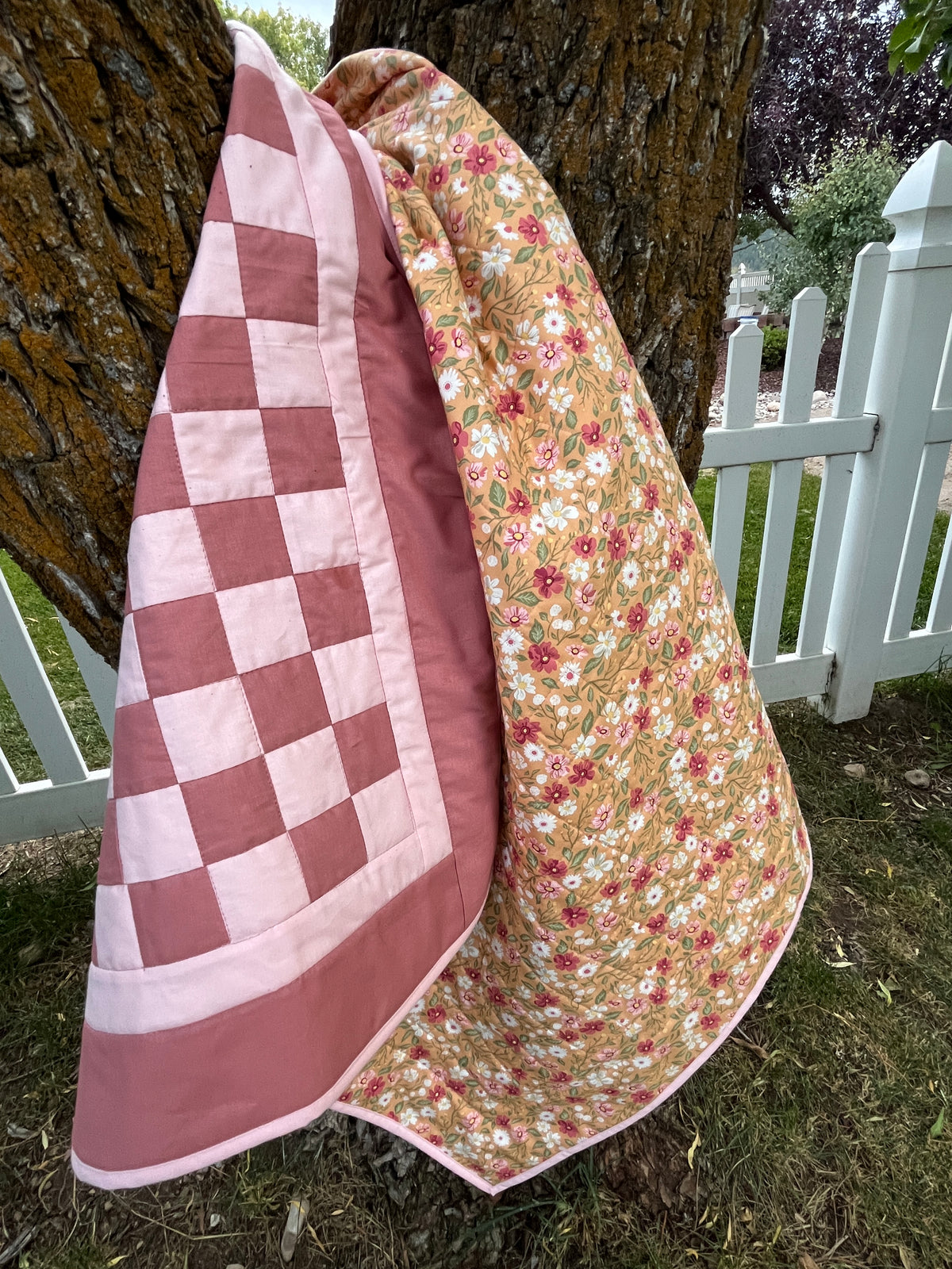 Rose and Pink Floral Checkered Baby Quilt