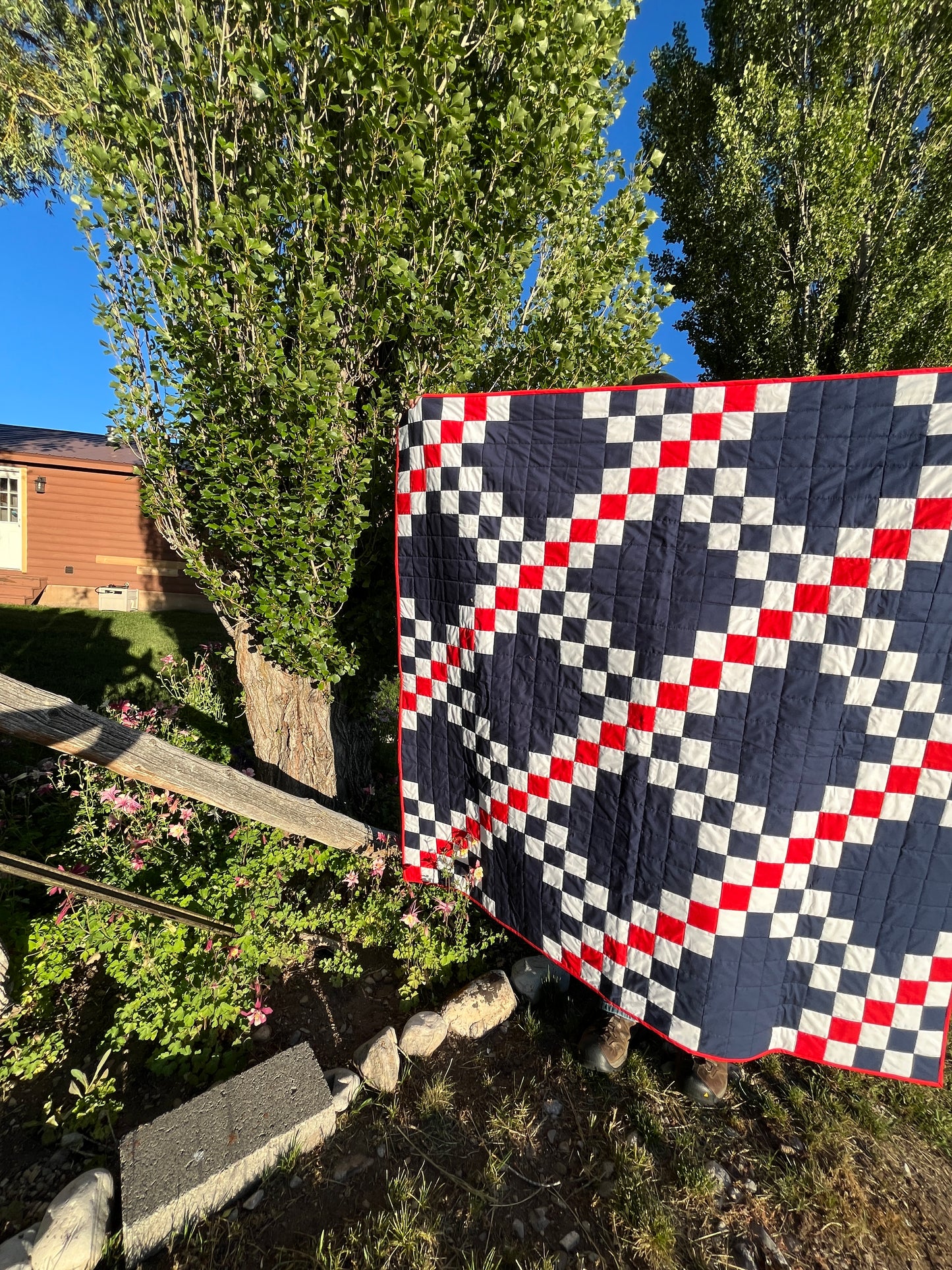 Double Irish Chain Quilt – Patriotic Throw Quilt – Navy Red White Quilt – Veteran Lap Quilt – Handmade Americana Quilt
