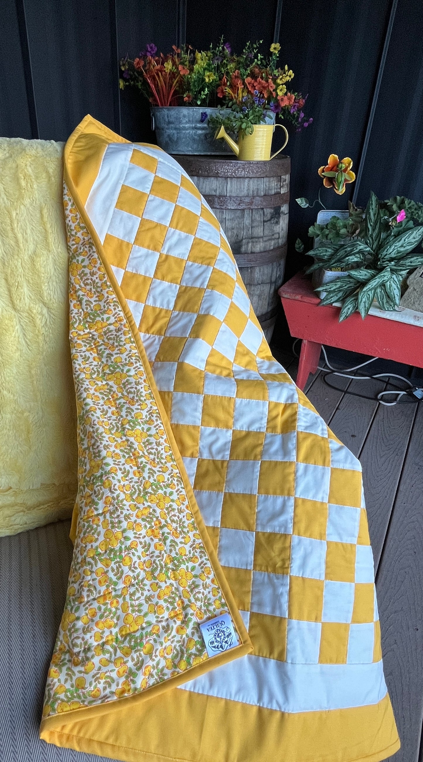 Yellow Checkered Baby Quilt – Handmade Checkerboard Crib Blanket – Heather Ross Apples Fabric