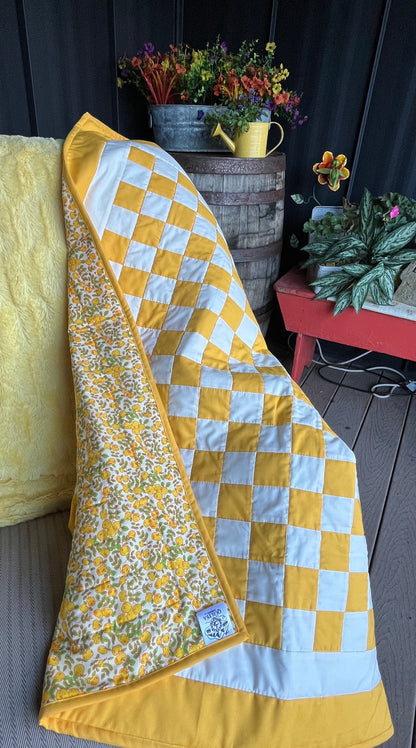 Yellow Checkered Baby Quilt – Handmade Checkerboard Crib Blanket – Heather Ross Apples Fabric