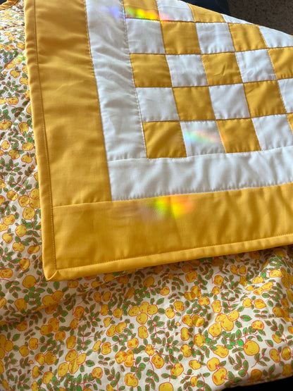 Yellow Checkered Baby Quilt – Handmade Checkerboard Crib Blanket – Heather Ross Apples Fabric
