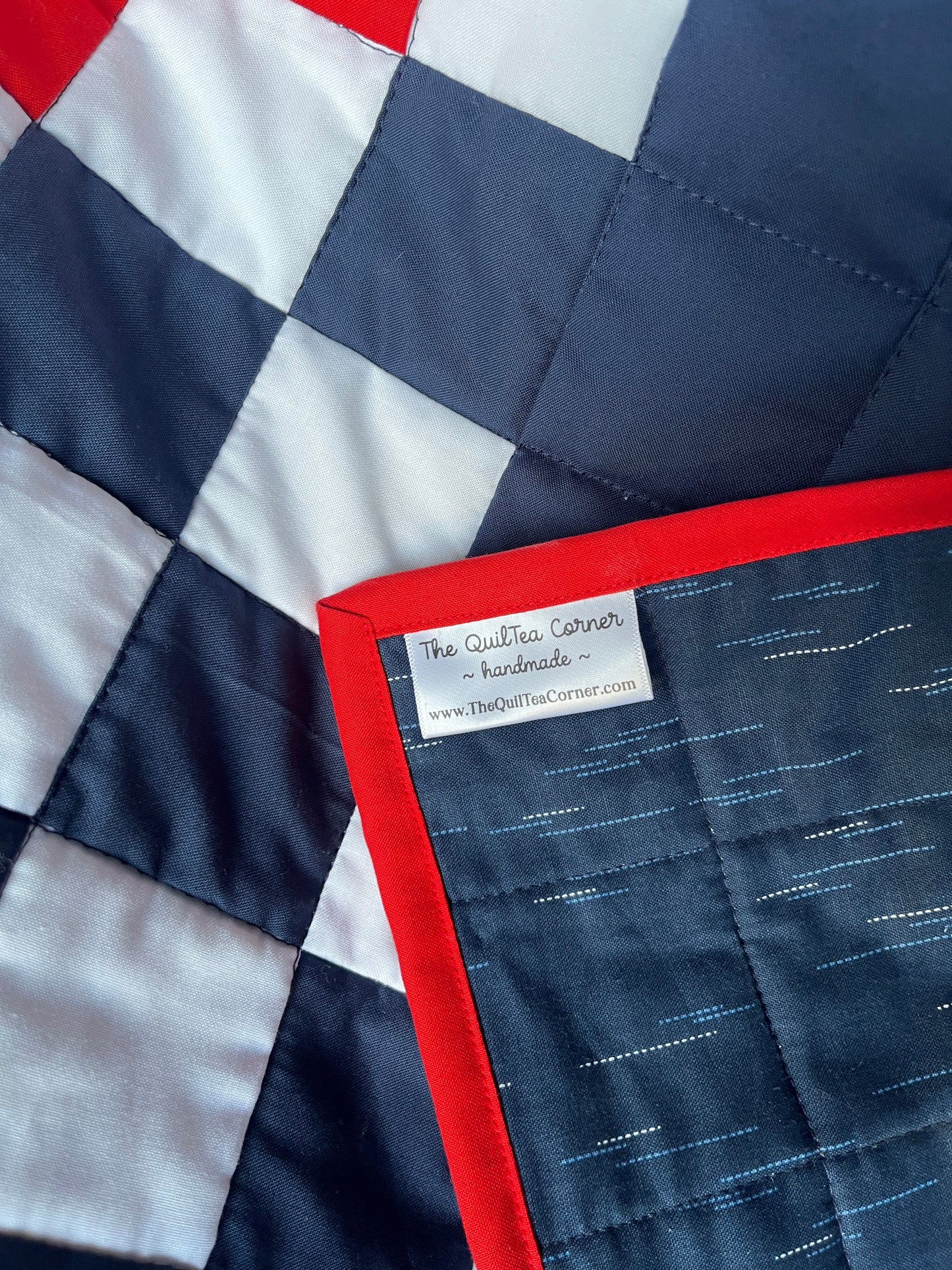 Double Irish Chain Quilt – Patriotic Throw Quilt – Navy Red White Quilt – Veteran Lap Quilt – Handmade Americana Quilt