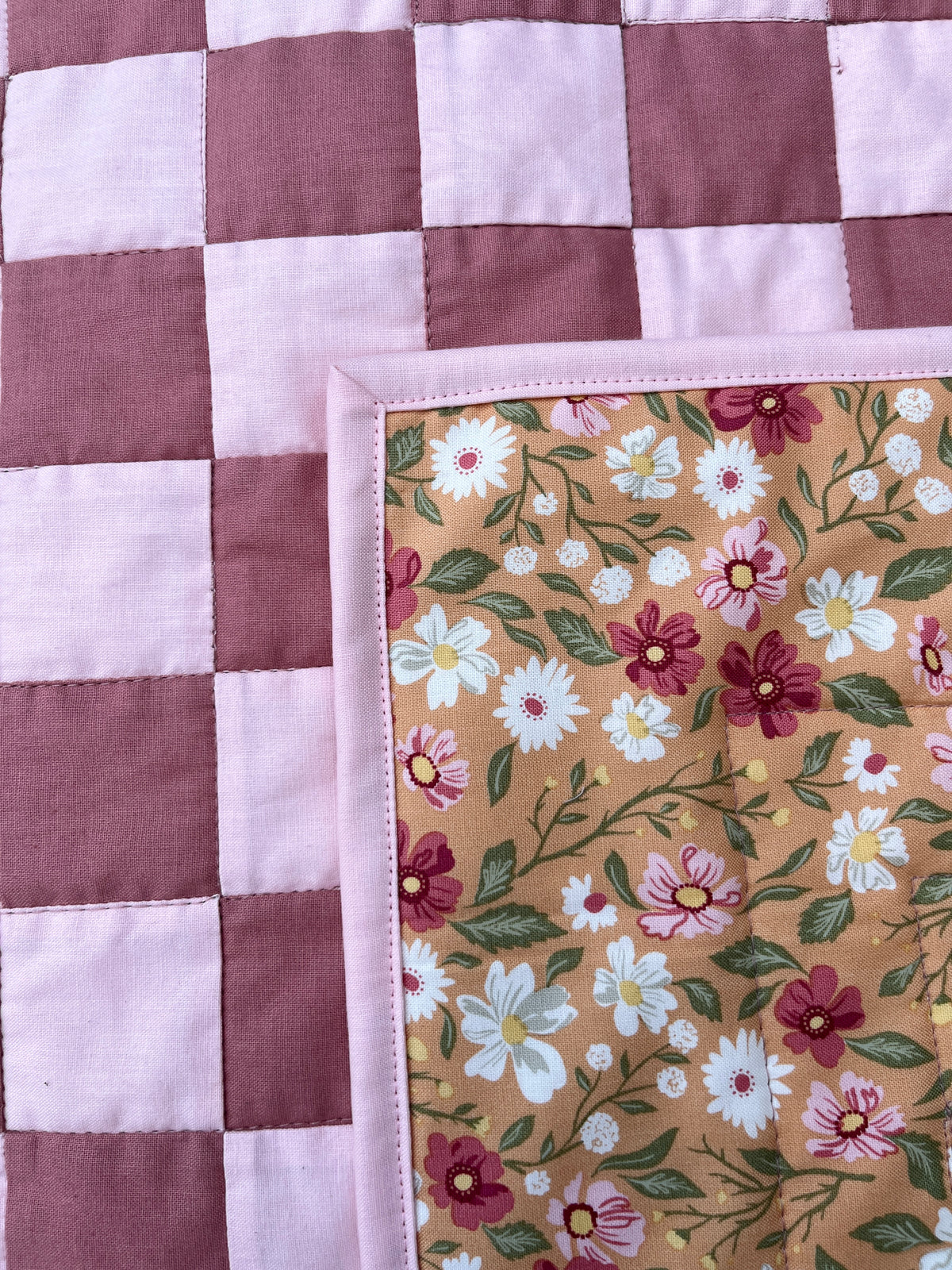 Rose and Pink Floral Checkered Baby Quilt