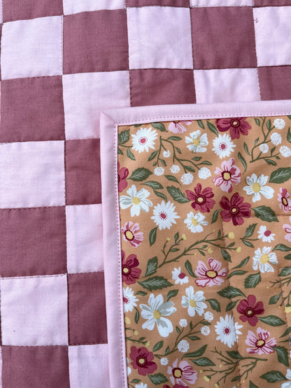 Rose and Pink Floral Checkered Baby Quilt