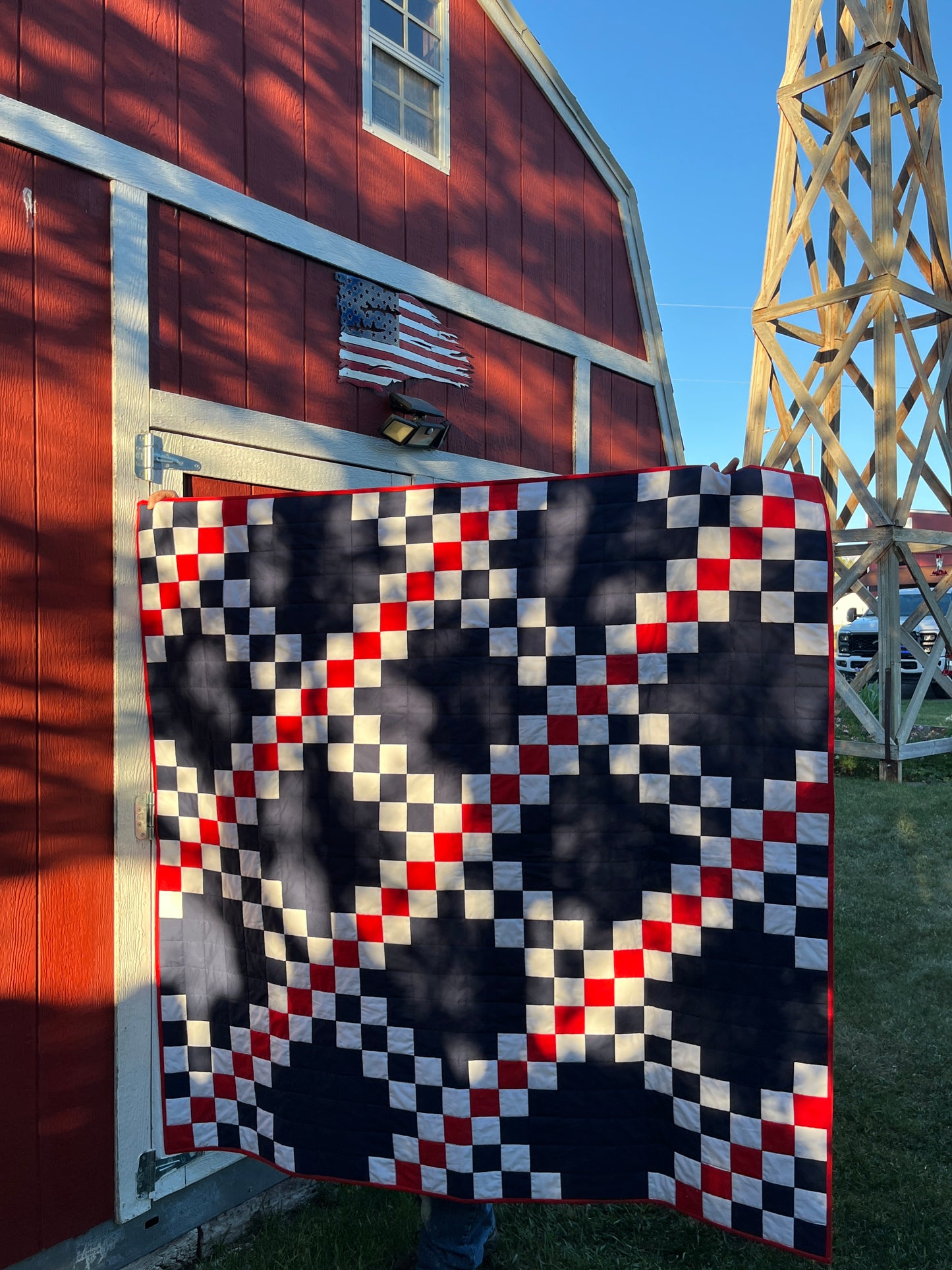 Double Irish Chain Quilt – Patriotic Throw Quilt – Navy Red White Quilt – Veteran Lap Quilt – Handmade Americana Quilt