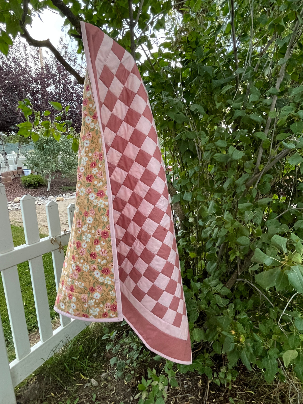 Rose and Pink Floral Checkered Baby Quilt