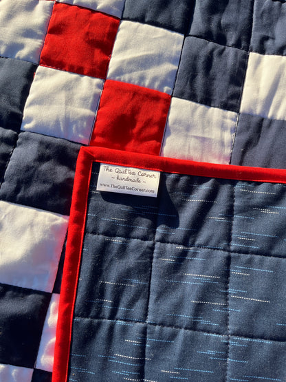 Double Irish Chain Quilt – Patriotic Throw Quilt – Navy Red White Quilt – Veteran Lap Quilt – Handmade Americana Quilt
