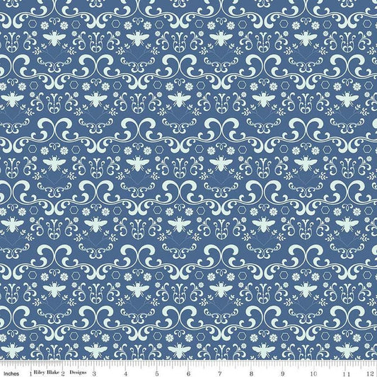 Daisy Fields Damask | Denim 1/2 yard - The QuilTea Corner