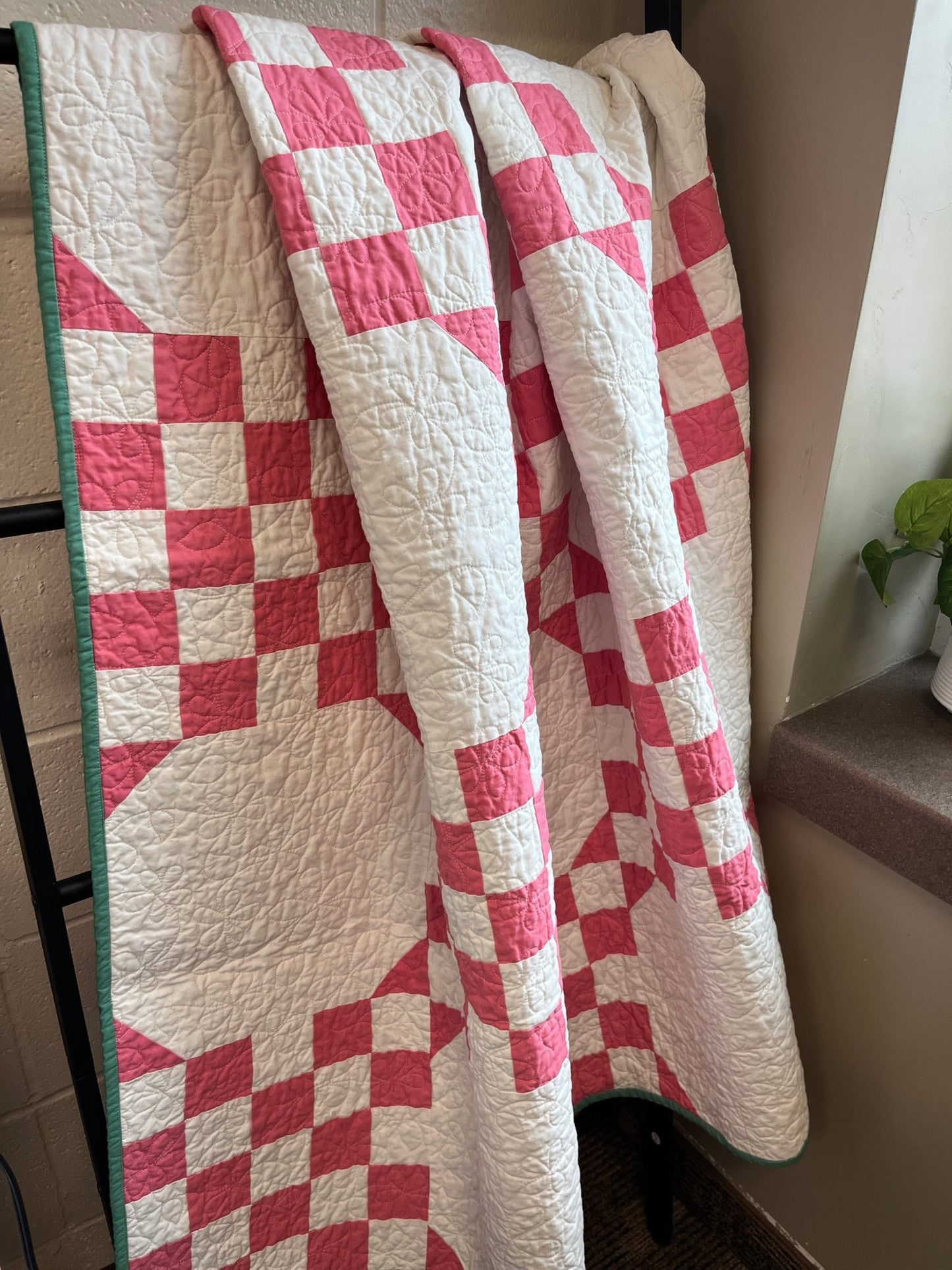 Double Bubble Quilt – Modern Double Irish Chain in Dark Pink and White | Handmade Throw Quilt - The QuilTea Corner