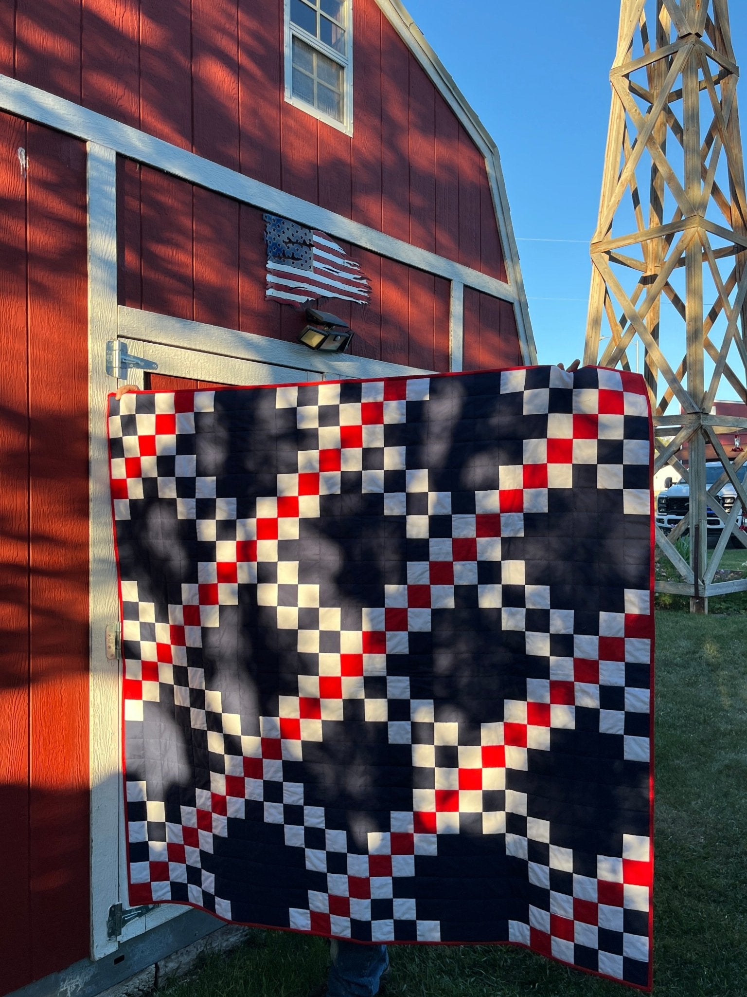 Double Irish Chain Quilt – Patriotic Throw Quilt – Navy Red White Quilt – Veteran Lap Quilt – Handmade Americana Quilt - The QuilTea Corner
