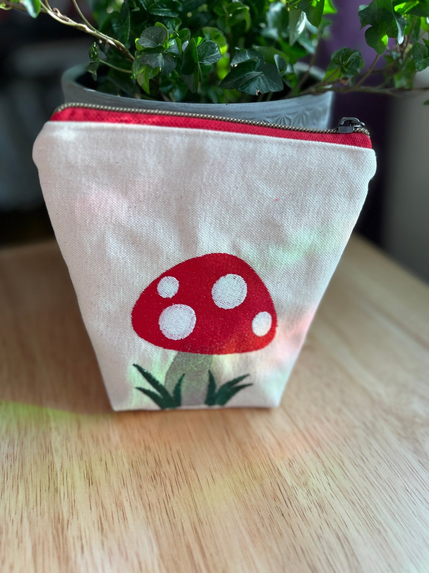 Embroidered Mushroom Canvas Zippered Tote Pouch - The QuilTea Corner