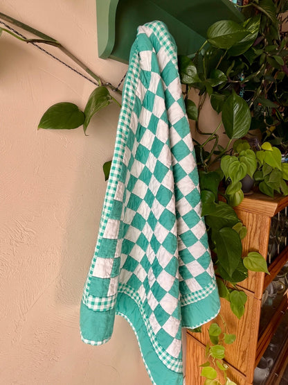Green Gingham Floral Checkered Baby Quilt - The QuilTea Corner
