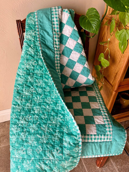 Green Gingham Floral Checkered Baby Quilt - The QuilTea Corner