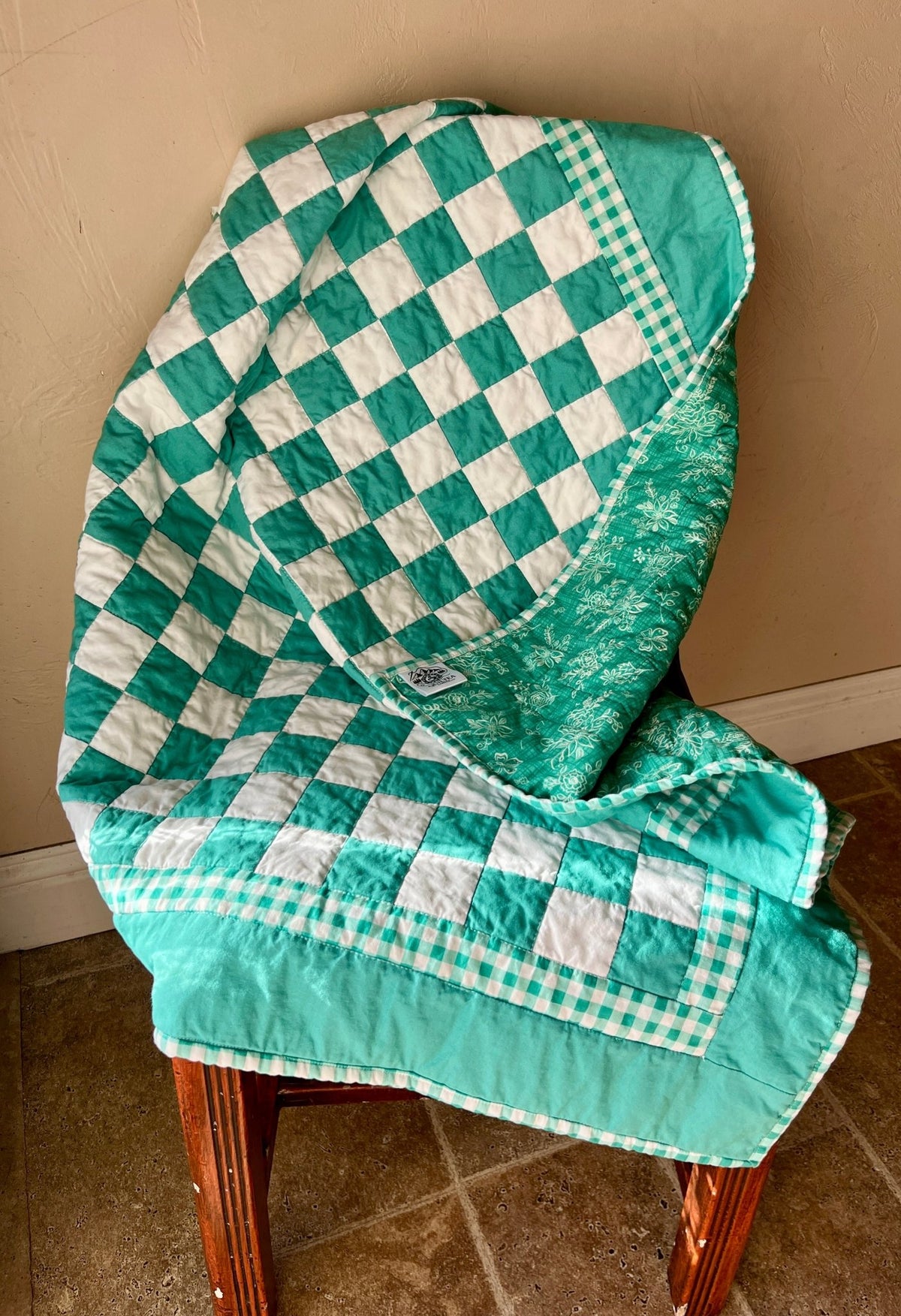Green Gingham Floral Checkered Baby Quilt - The QuilTea Corner
